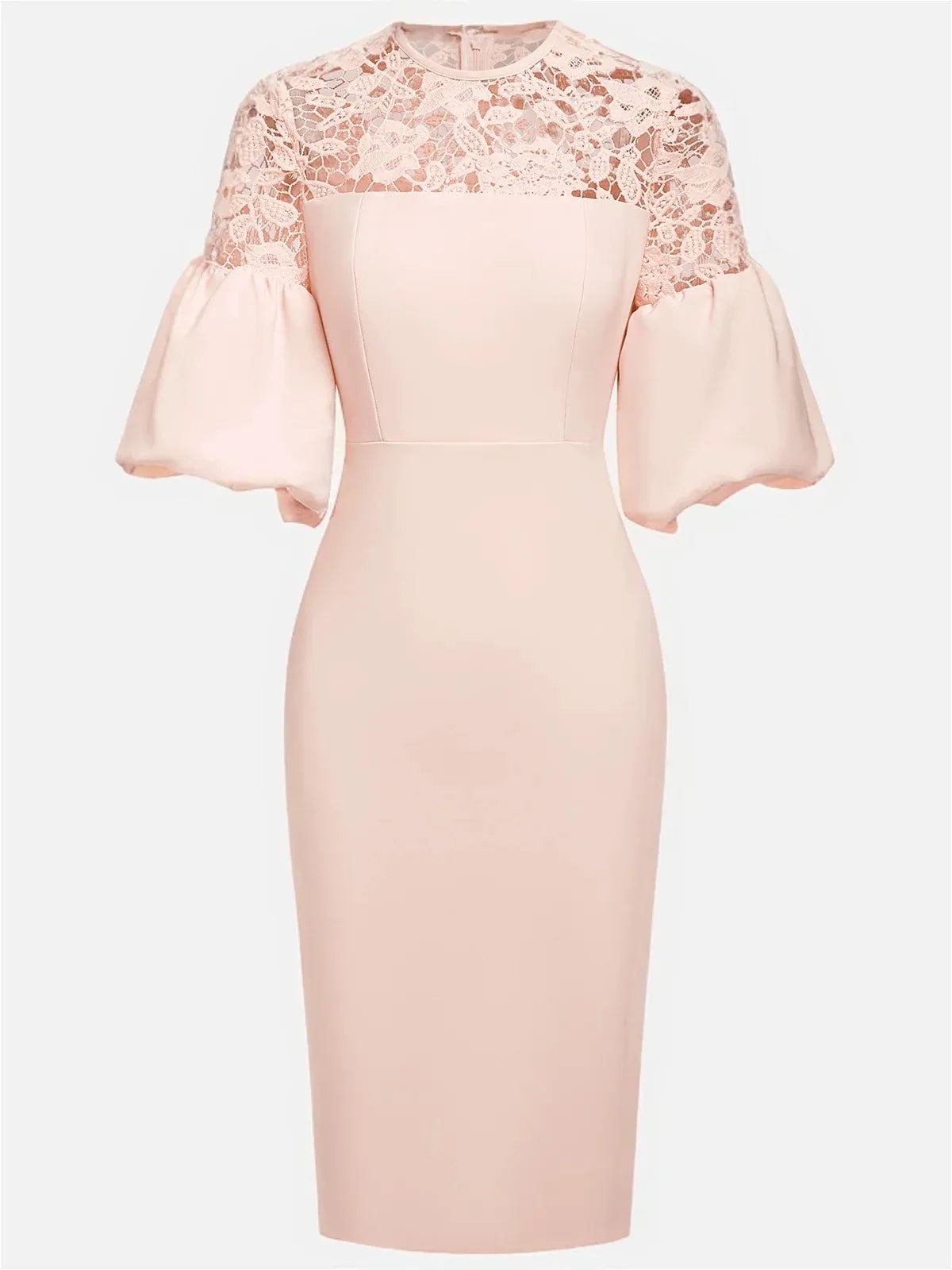 Pink Lace Classic Crew Neck Short Sleeve Balloon Sleeve Sheath Midi Dress