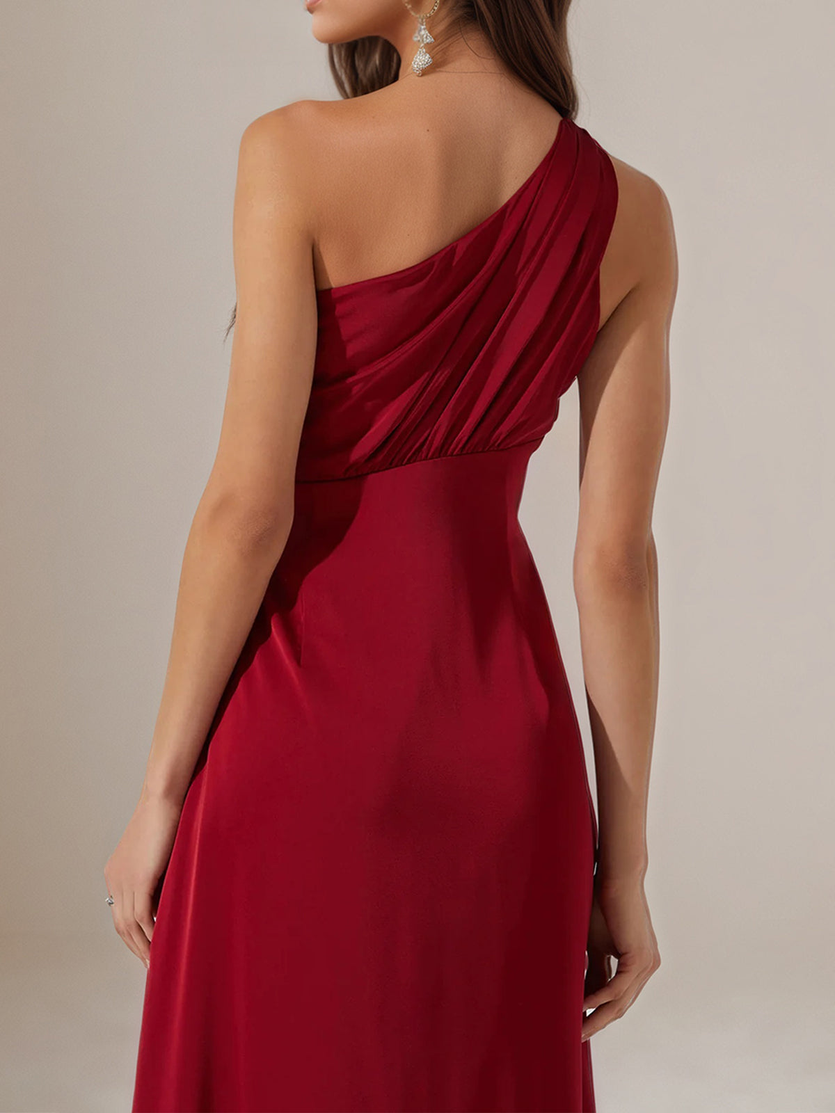 Wine Red A Line One Shoulder Satin Ankle Length Dress