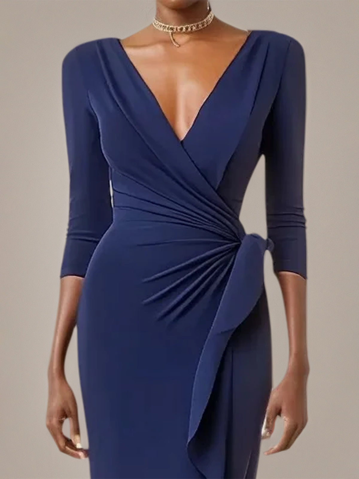 Navy Sheath/Column Stretch Crepe V Neck 3/4 Sleeves Asymmetrical Dresses