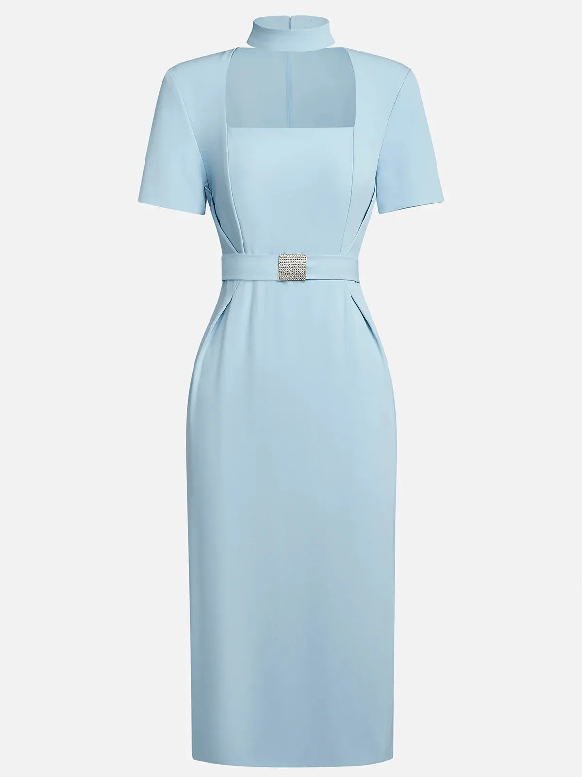 Light Blue Rhinestone Classic Square Neck Short Sleeve Sheath Midi Dress
