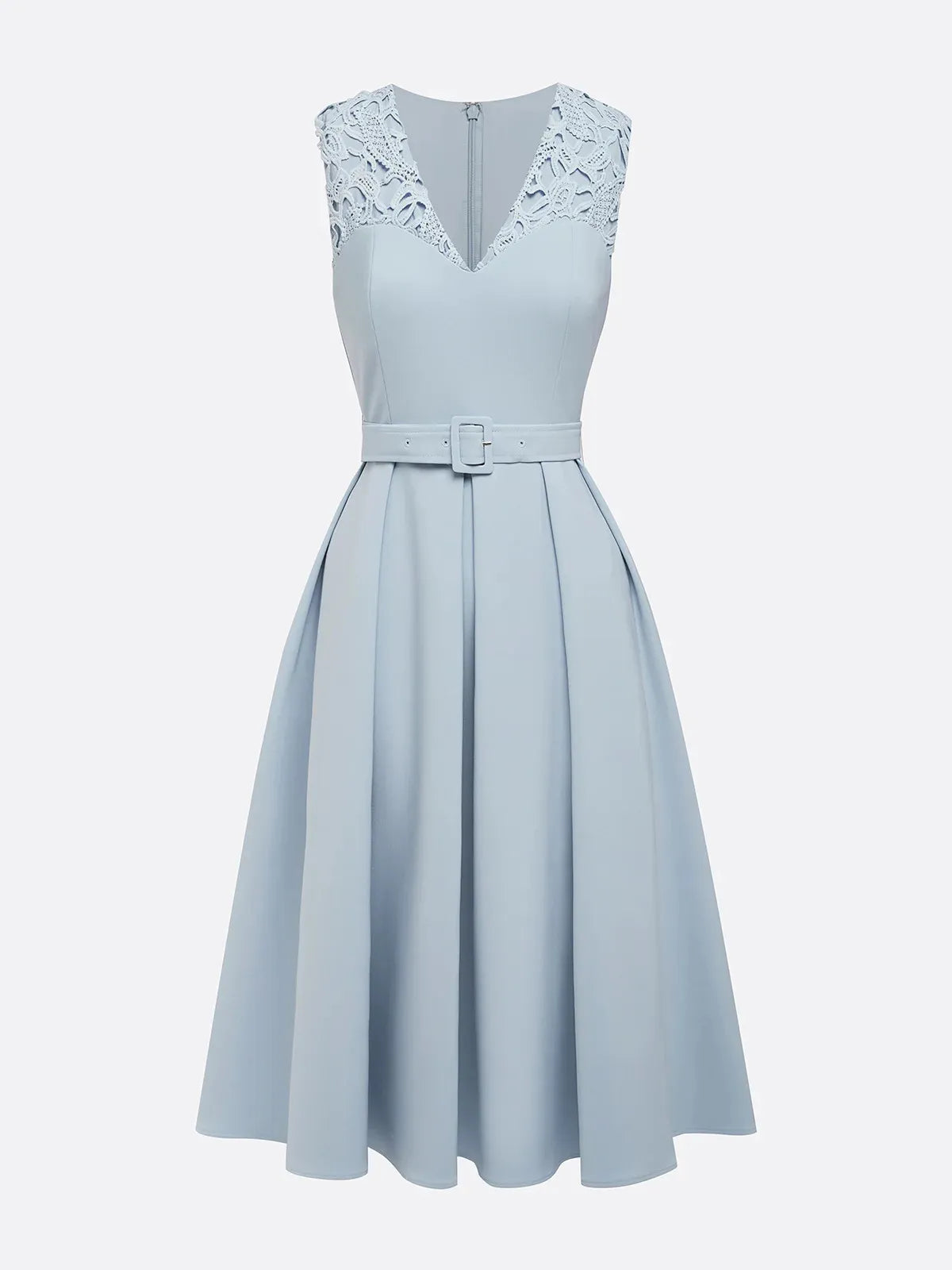 Light Blue Lace V Neck Sleeveless A-Line Midi Dress