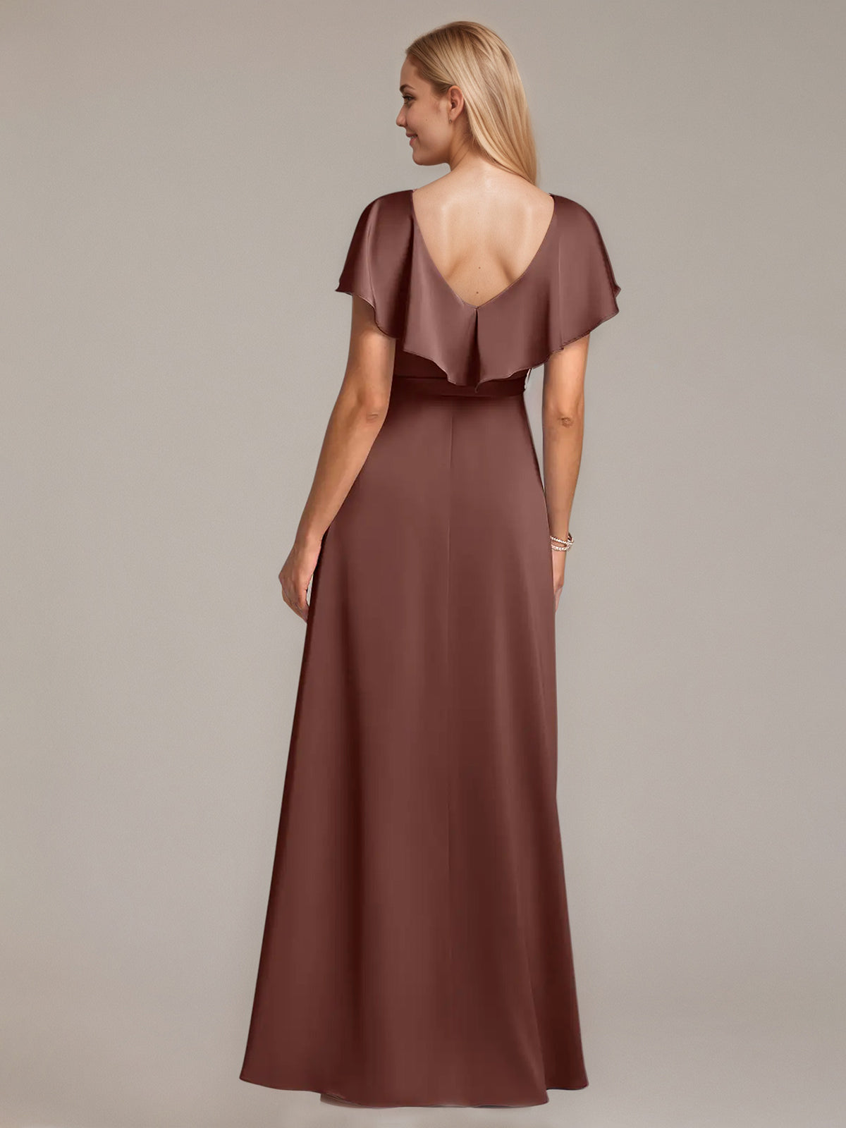 A Line Satin V Neck Short Sleeves Floor Length Dresses With Ruffles