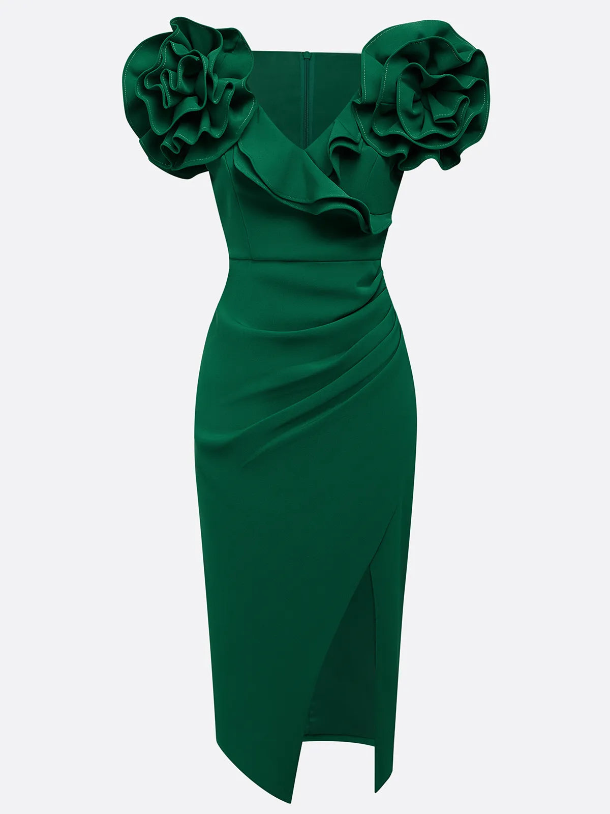 Green 3D Floral Ruched V Neck Sheath Midi Dress