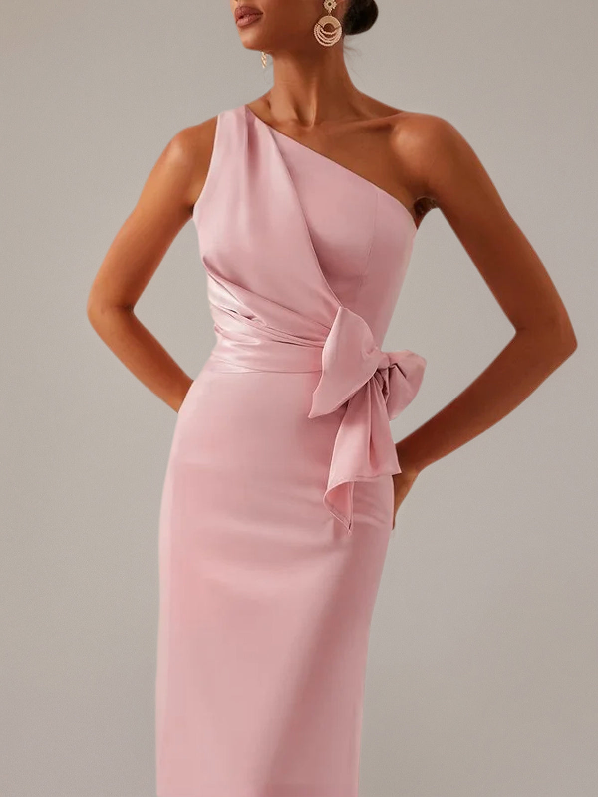 Pink Sheath/Column Satin One Shoulder Sleeveless Ankle Length Dresses With Bow