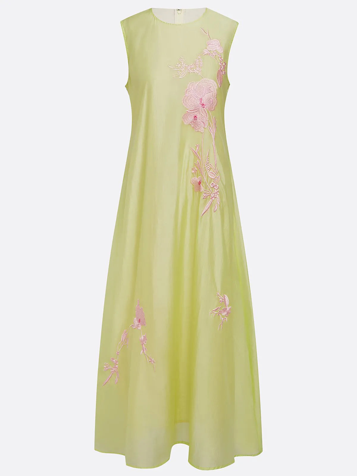 Yellow Embroidery Classic Crew Neck Sleeveless A-Line Maxi Dress