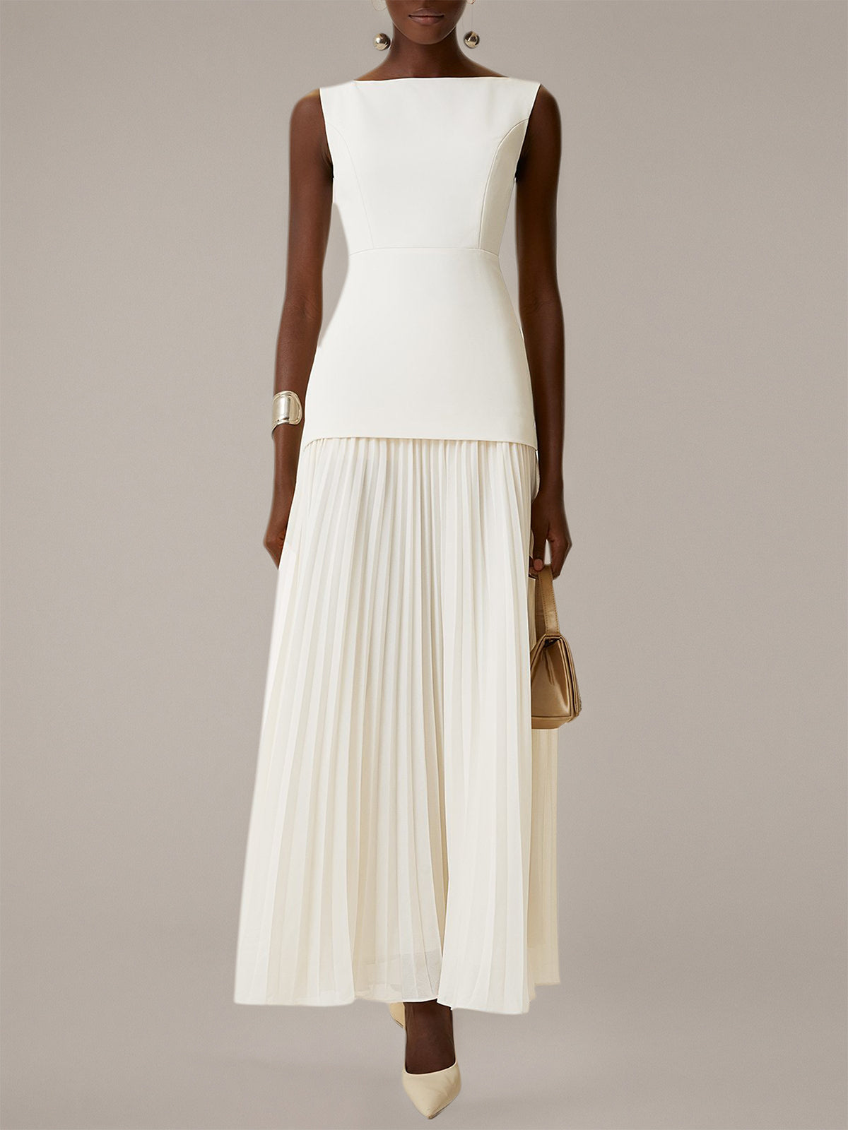 White A Line Chiffon Round Neck Sleeveless Floor Length Dresses