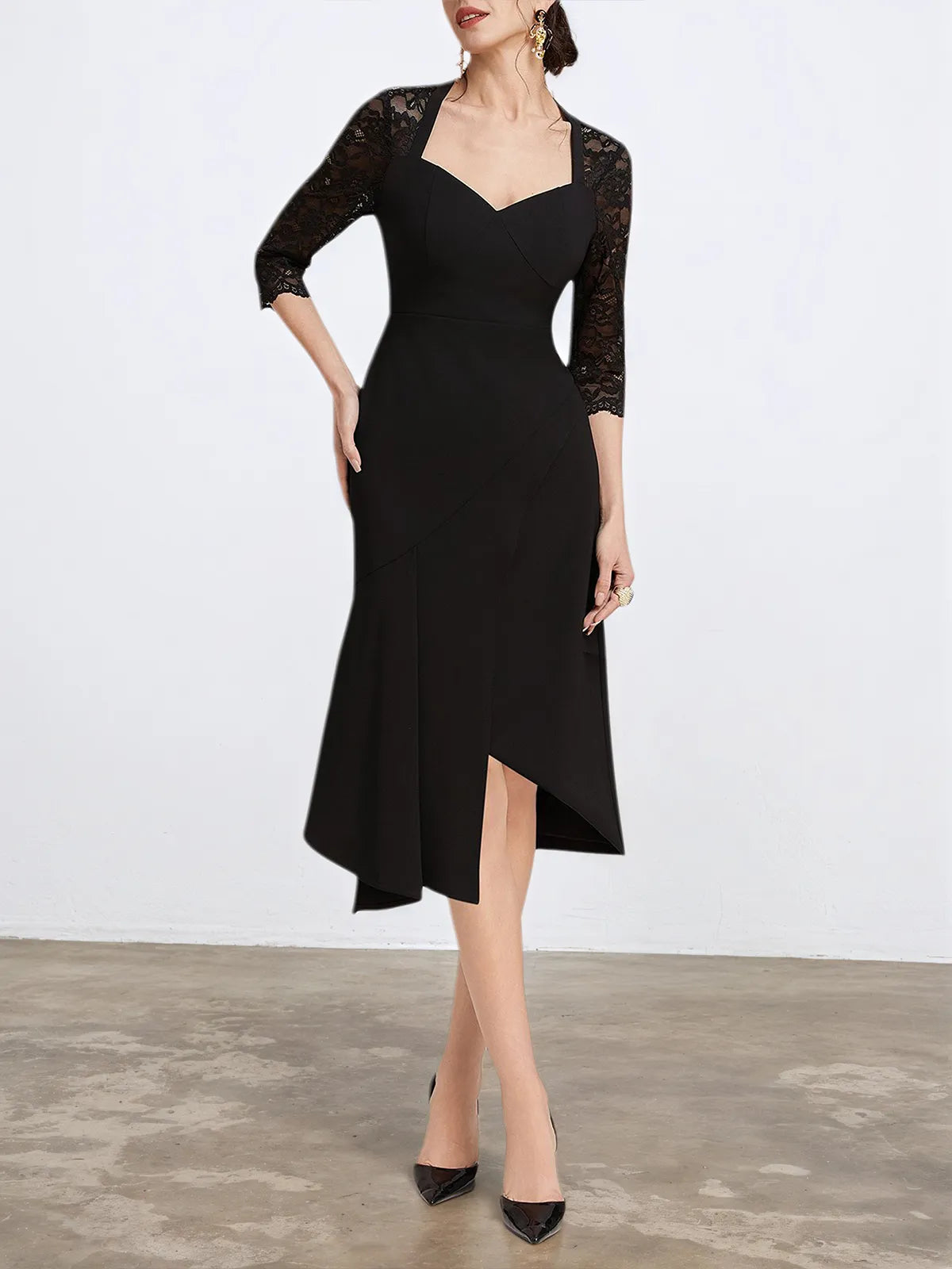 Black Lace Sweetheart Neckline Half Sleeve A-Line Midi Dress