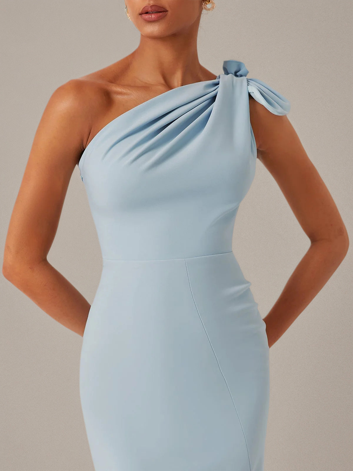 Blue Sheath/Column Stretch Crepe One Shoulder Sleeveless Ankle Length Dresses
