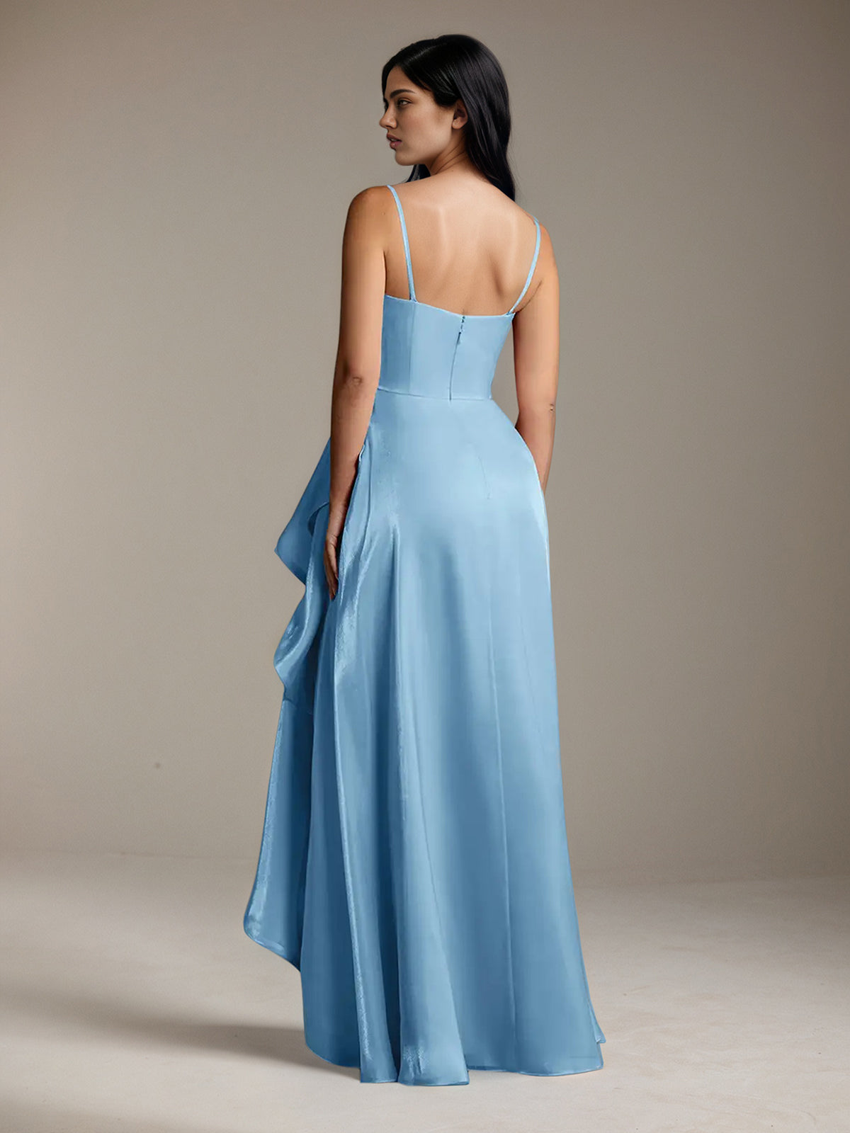 Mint Blue Satin A Line Off The Shoulder Sleeveless Floor Length Bridesmaid Dress With Ruffles