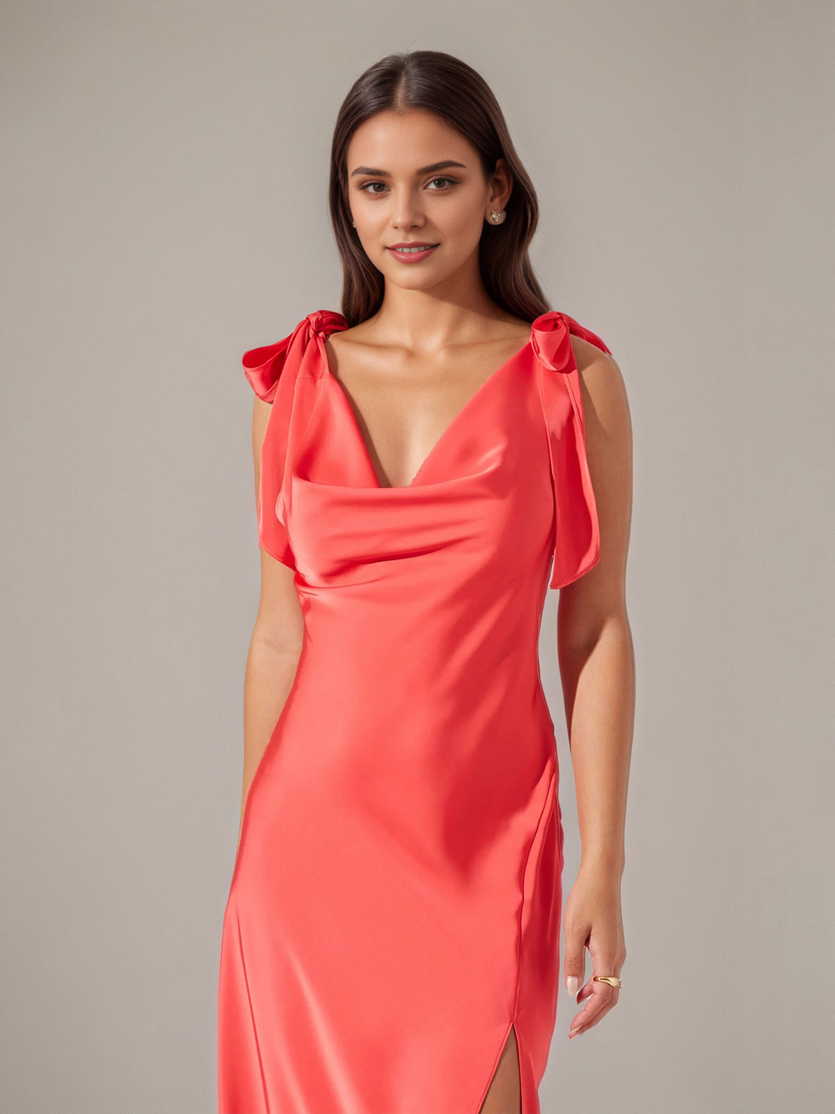 Coral Satin A Line V Neck Sleeveless Ankle Length Dress