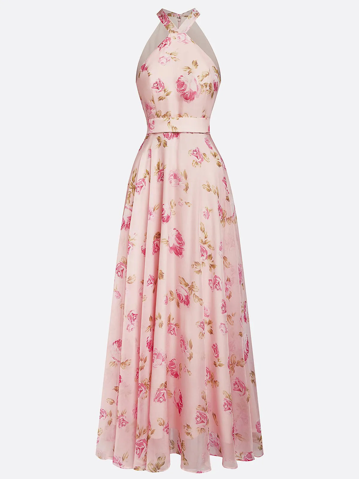 Pink Classic Floral Halter Short Sleeve A-Line Maxi Dress