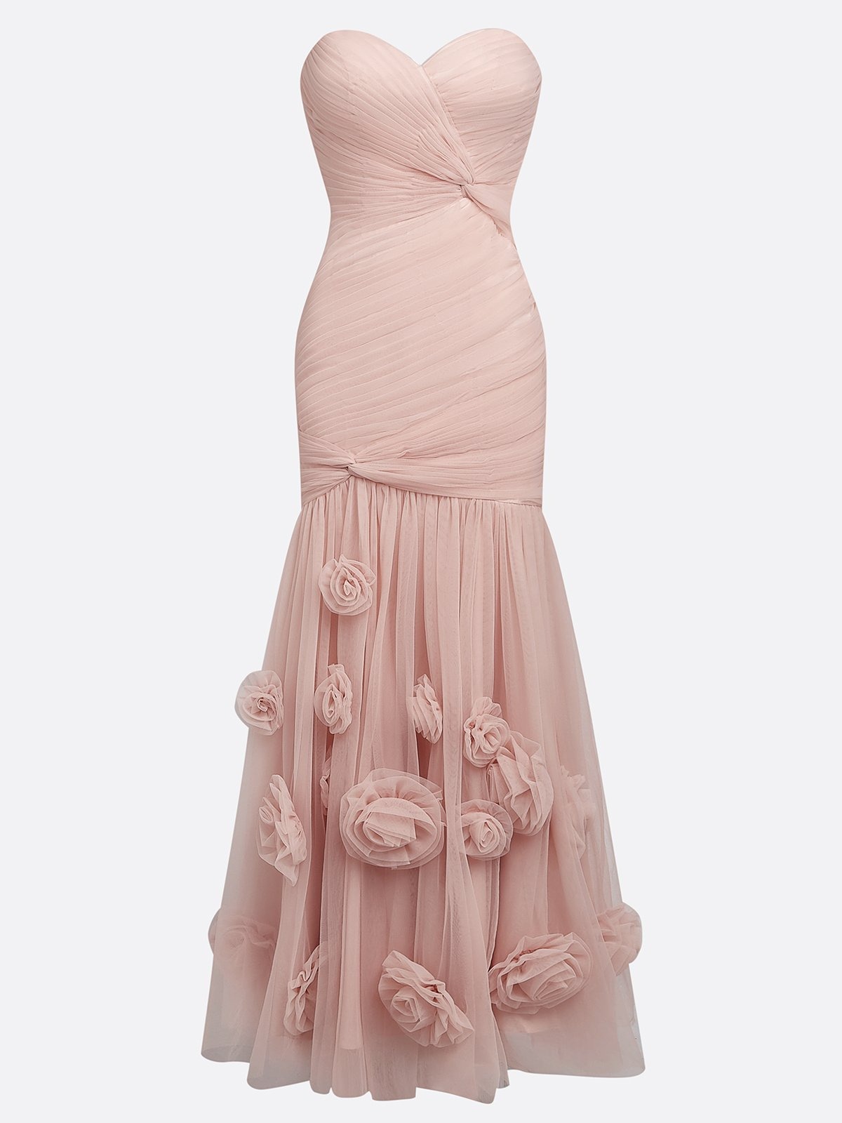 Pink 3D Floral Ruched Tulle Strapless Sleeveless Mermaid Maxi Dress