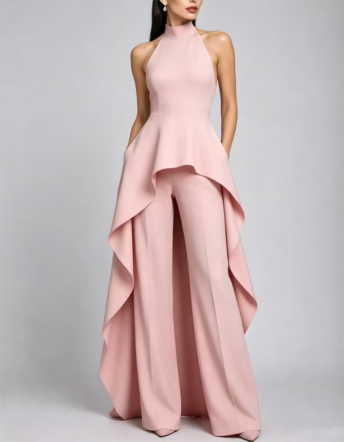 Halter-Neck Pleated Crepe Jumpsuit