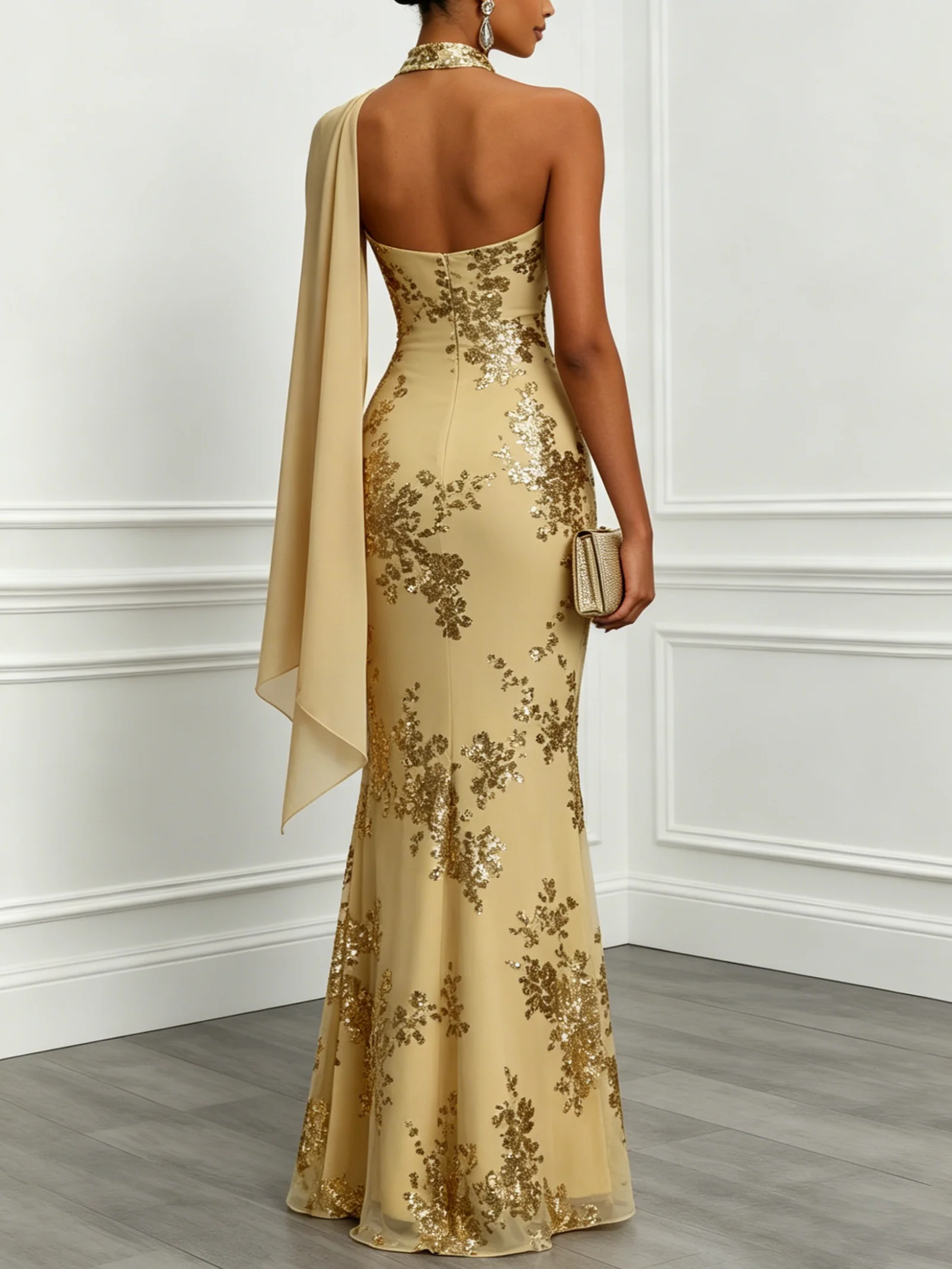 Champagne Glitter Classic One Shoulder Sleeveless Mermaid Floor-length Gown Dress