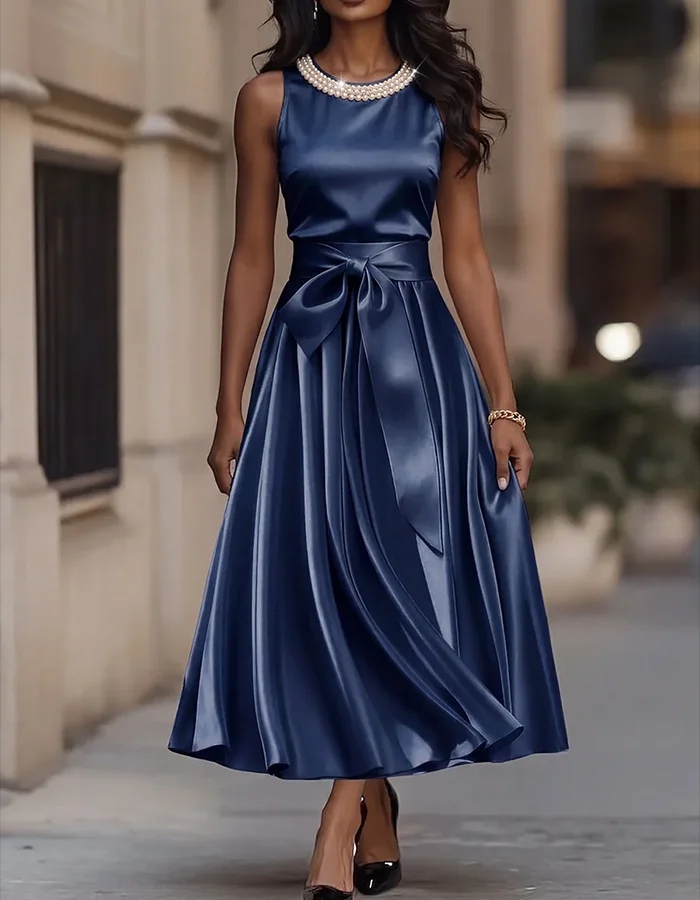 Champagne Satin Pearl Embellished Midi Dress