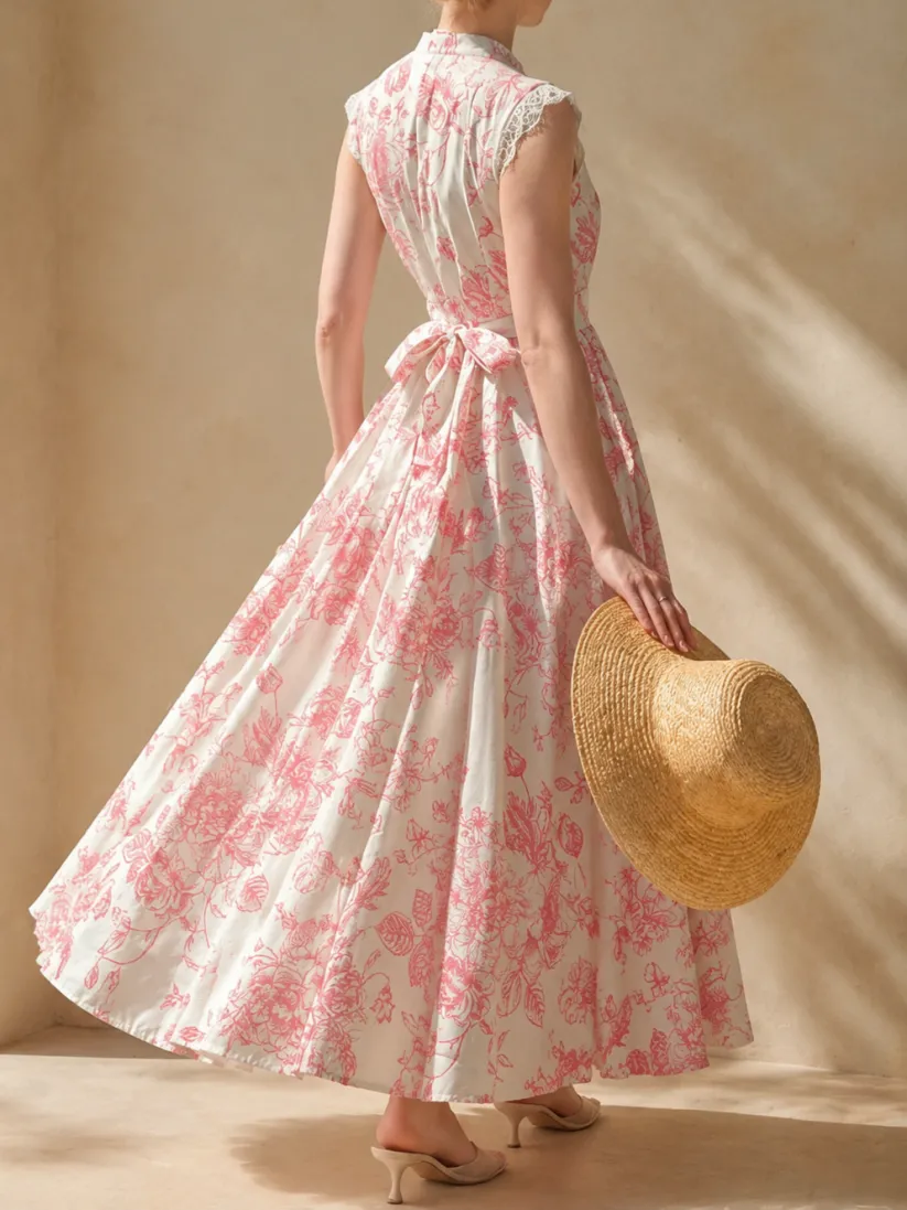  Maxi Linen Dress , Cap Sleeves, Stand Collar, Floral, Lace, Vintage, Apricot