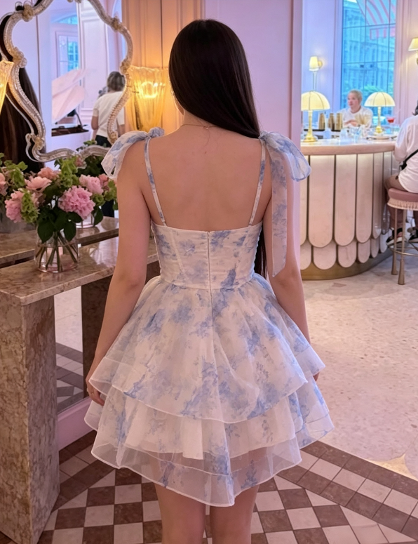 Blue‑White Watercolor‑Print Bow‑Strap Sweetheart Double‑Layer Ruffle Mini Dress