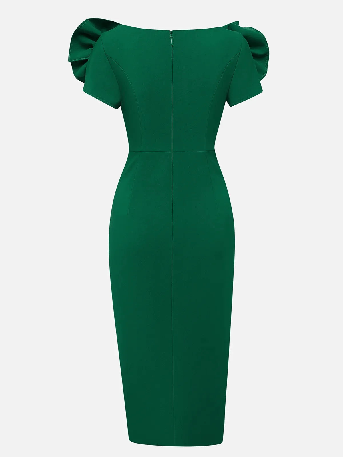 Green 3D Floral Ruched V Neck Sheath Midi Dress