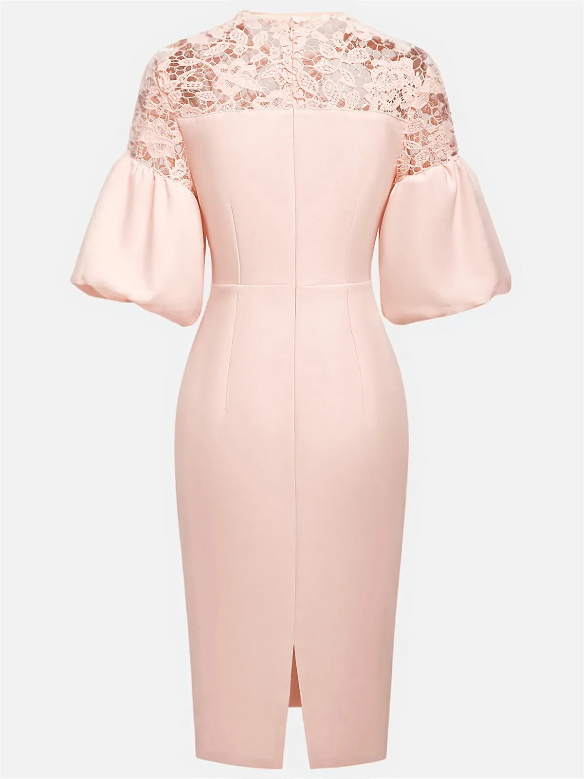 Pink Lace Classic Crew Neck Short Sleeve Balloon Sleeve Sheath Midi Dress
