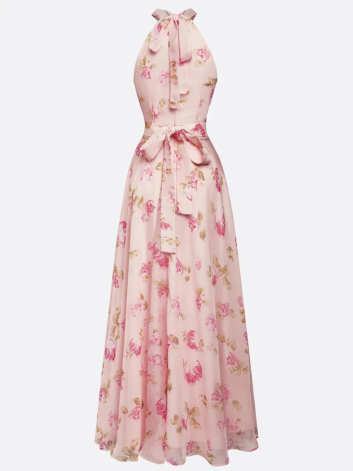 Pink Classic Floral Halter Short Sleeve A-Line Maxi Dress
