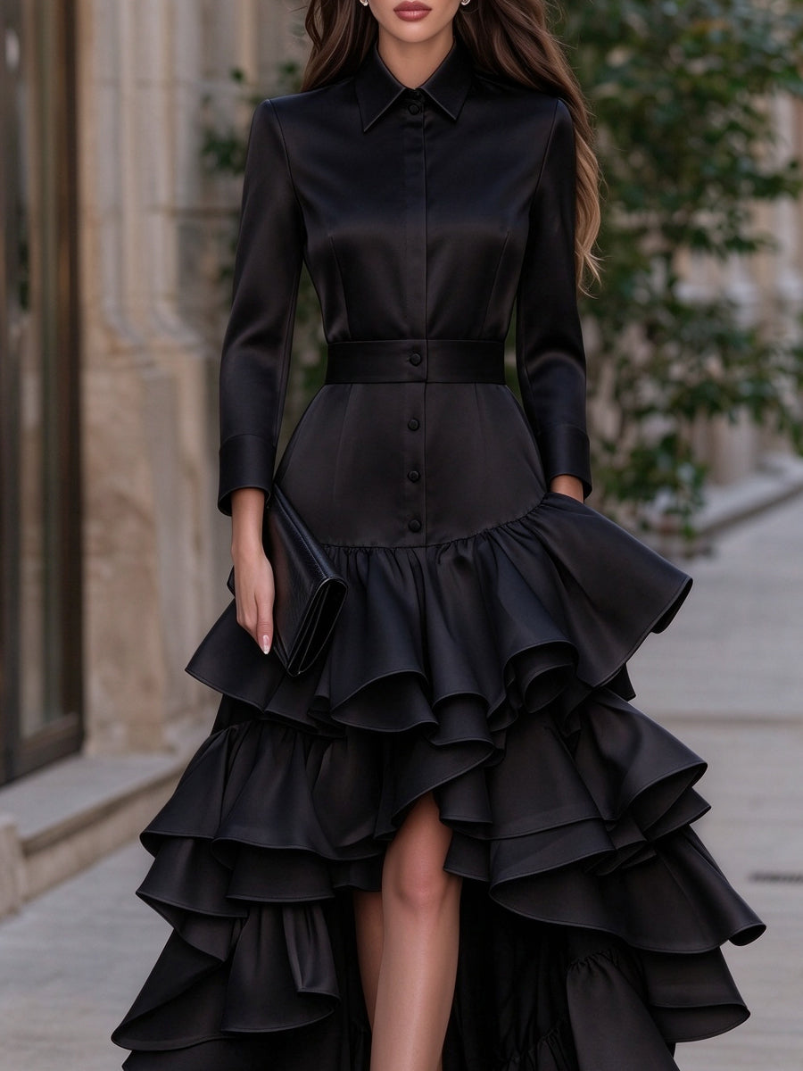 Button-Front Layered Ruffle Satin Maxi Dress