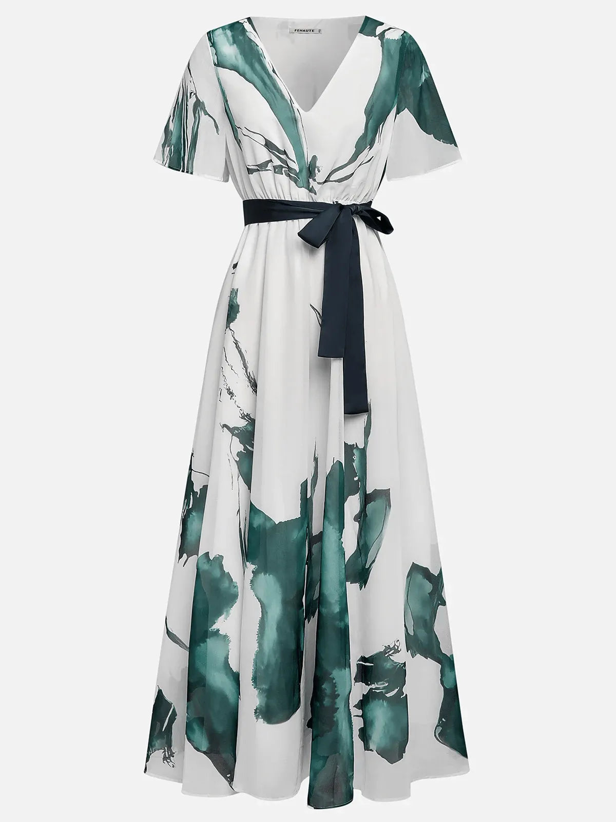 Blue Printing Chiffon V Neck Short Sleeve A-Line Maxi Dress