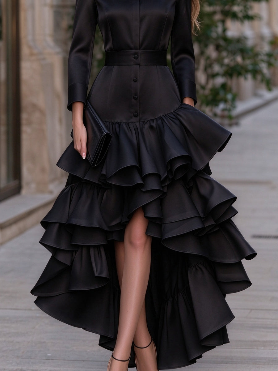Button-Front Layered Ruffle Satin Maxi Dress