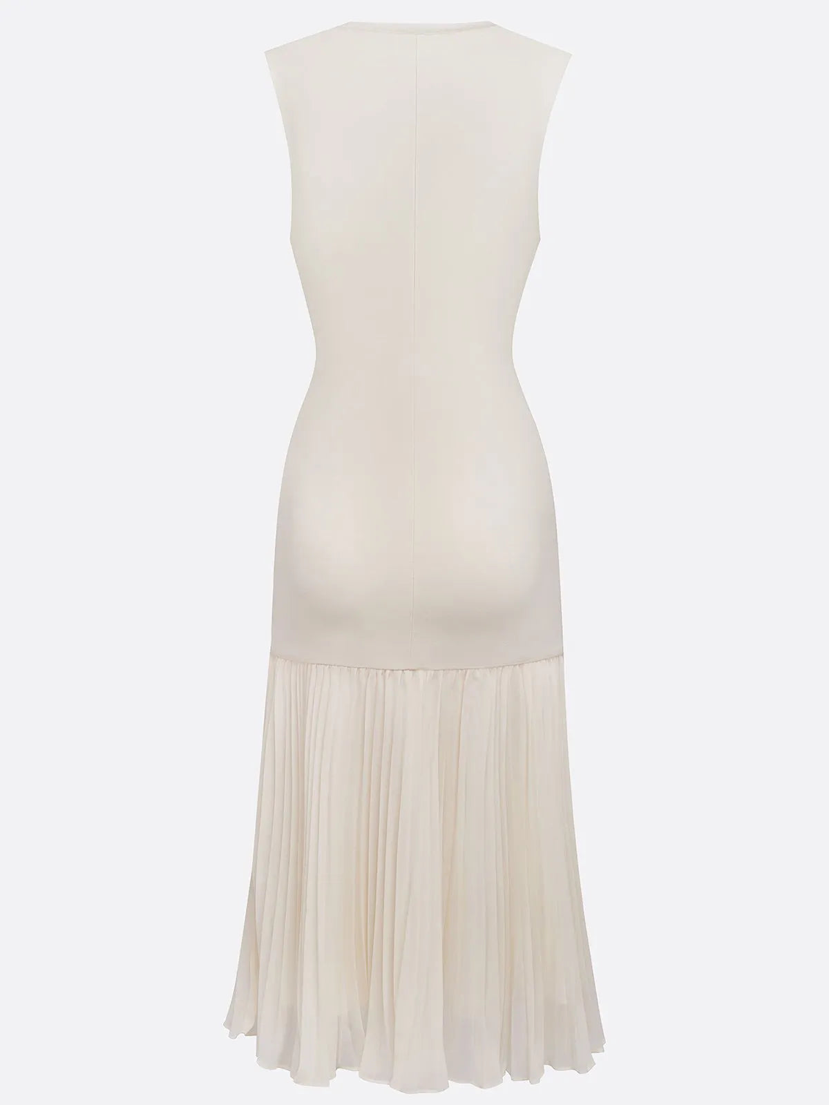 Beige Pleated Knit Crew Neck Sleeveless A-Line Midi Jersey Dress
