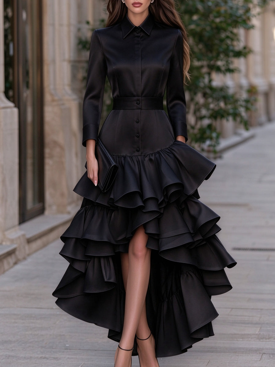 Button-Front Layered Ruffle Satin Maxi Dress