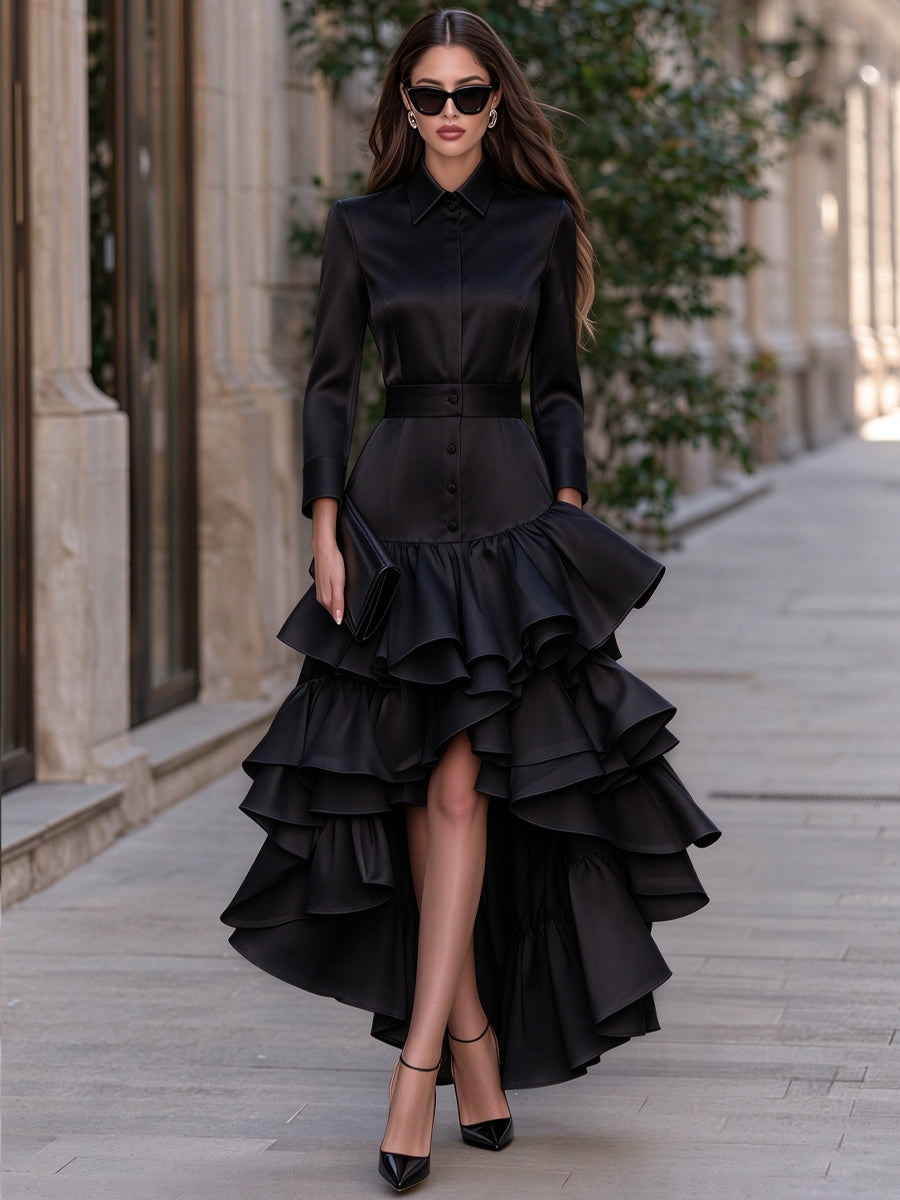 Button-Front Layered Ruffle Satin Maxi Dress