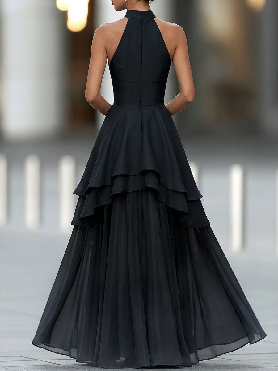 Satin Bodice Chiffon Tiered Evening Gown
