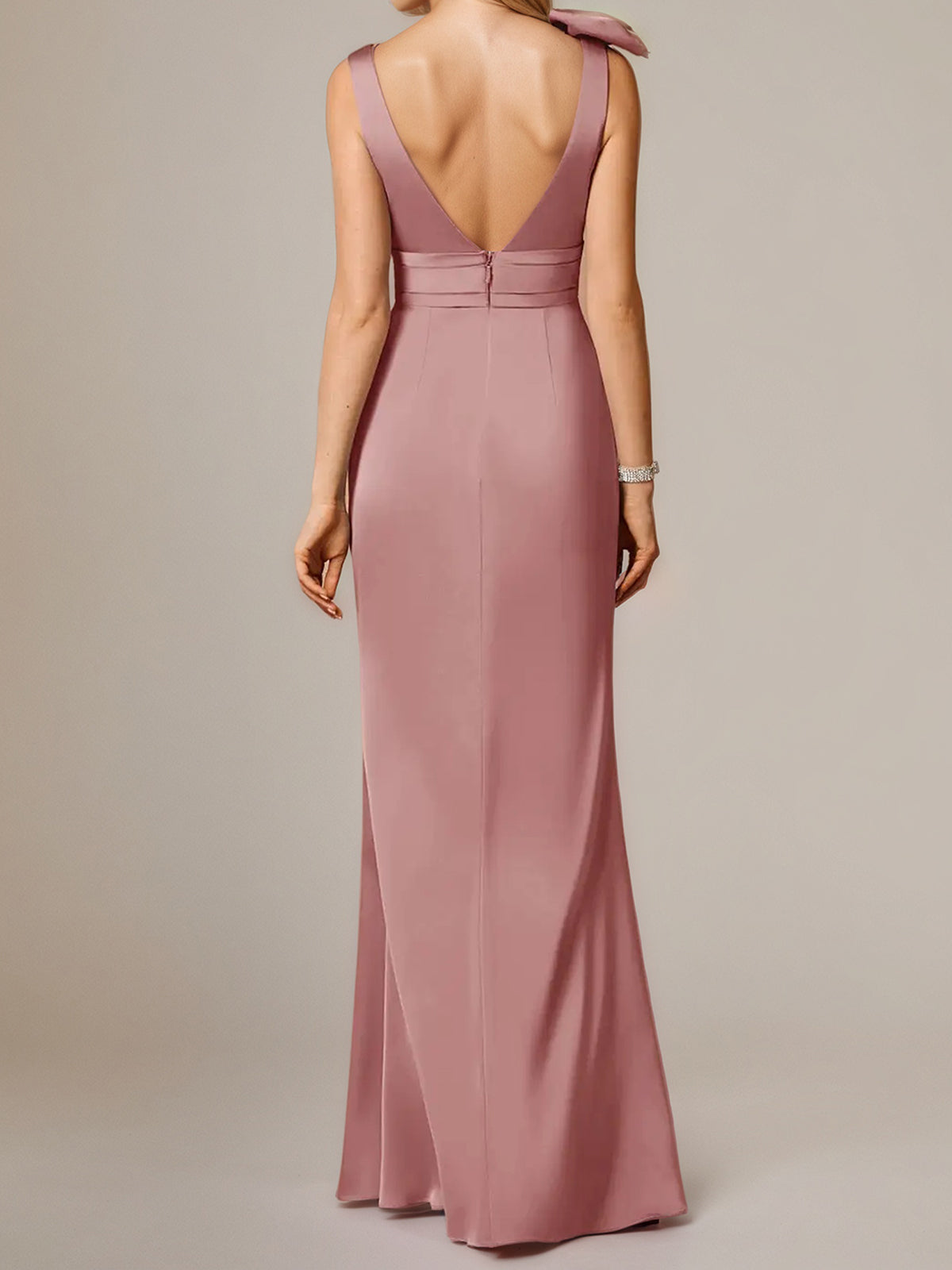Dusty Rose Satin Sheath/Column V Neck Sleeveless Floor-Length Bridesmaid Dress With Bow