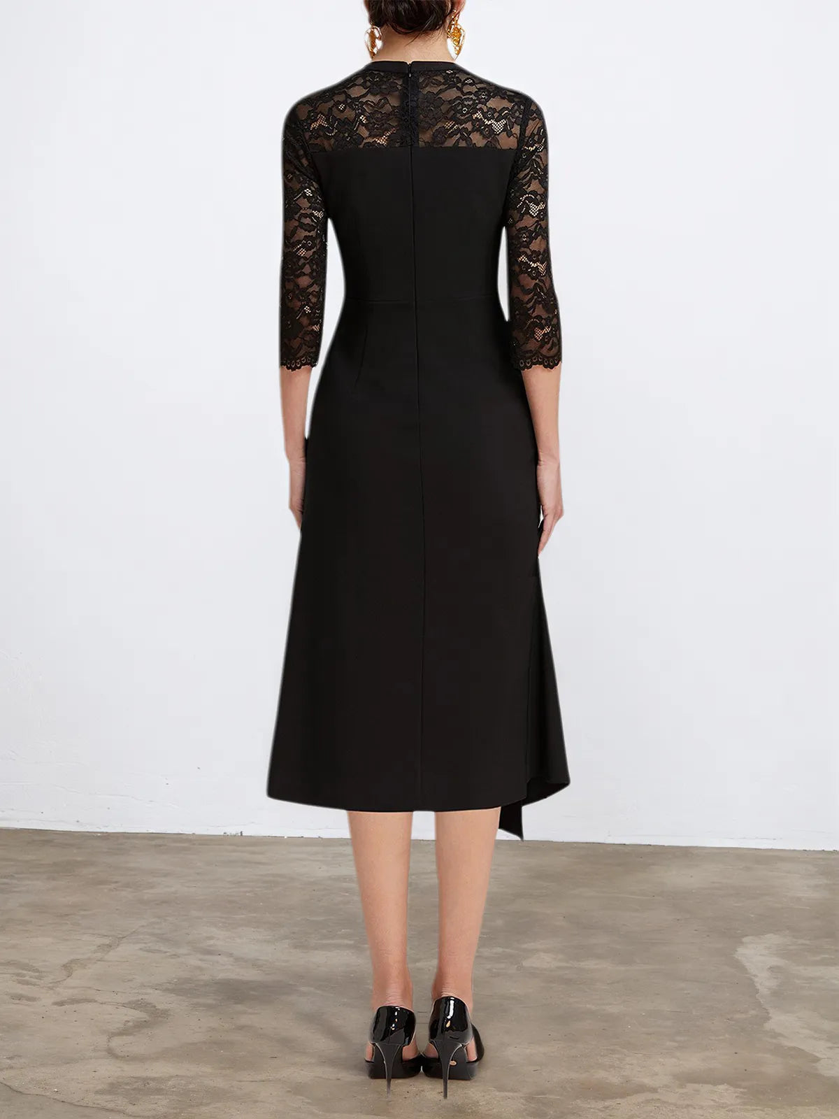 Black Lace Sweetheart Neckline Half Sleeve A-Line Midi Dress