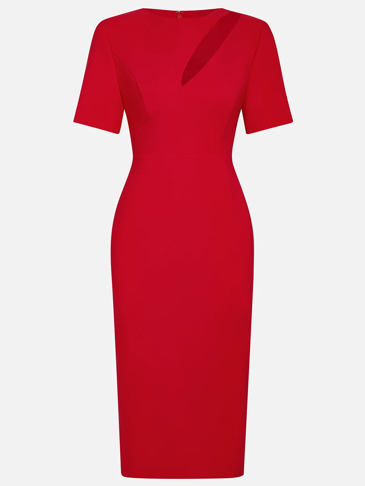 Red Sheath/Column Stretch Crepe Scoop Neck Short Sleeves Tea Length Dresses