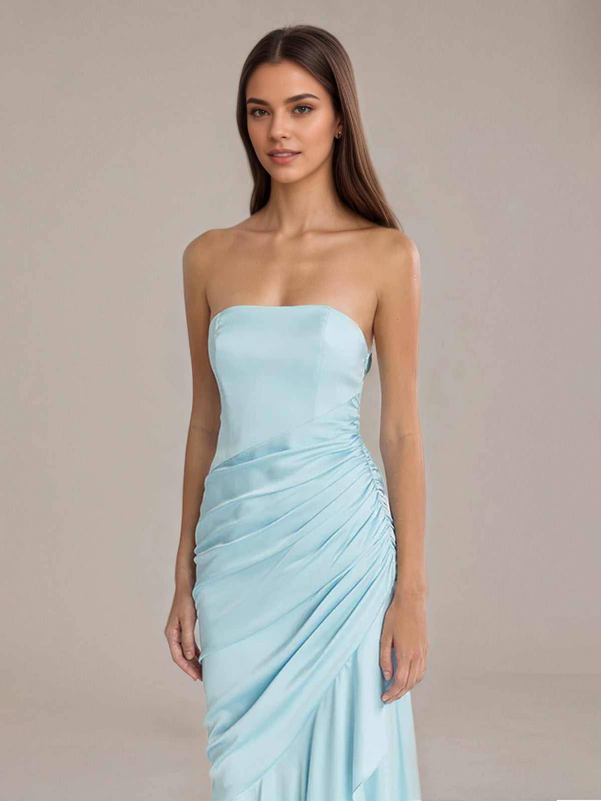 Sheath/Column Satin Off The Shoulder Sleeveless Floor Length Dresses With Ruffles