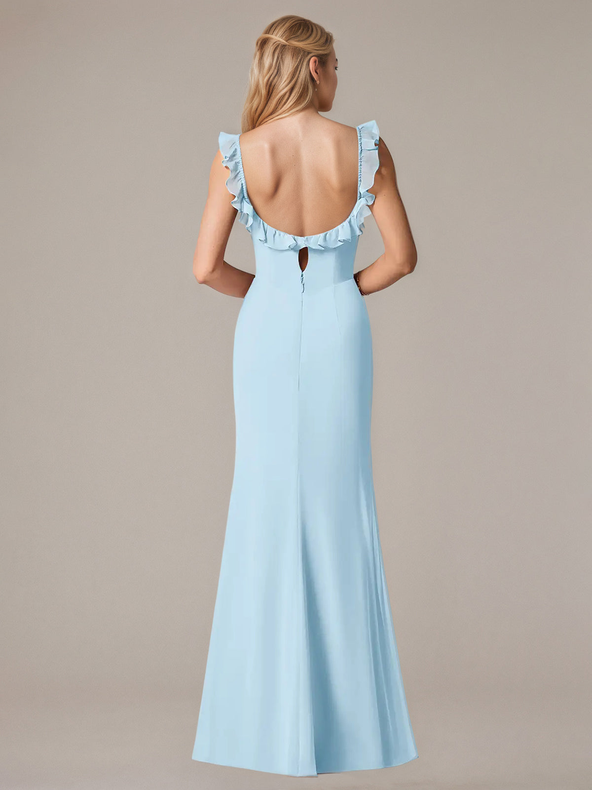 Sheath/Column Chiffon Off The Shoulder Sleeveless Floor Length Dresses With Ruffles