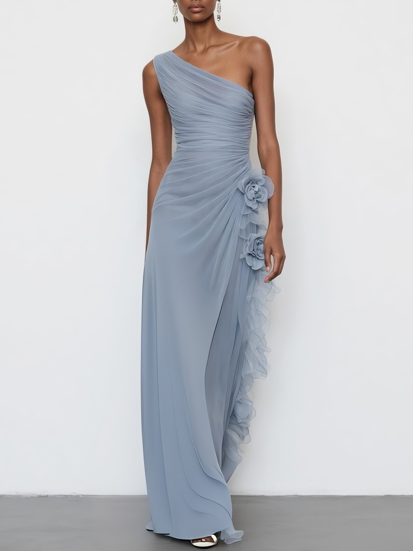 Light Blue 3D Floral Chiffon One Shoulder Sleeveless Sheath Maxi Dress