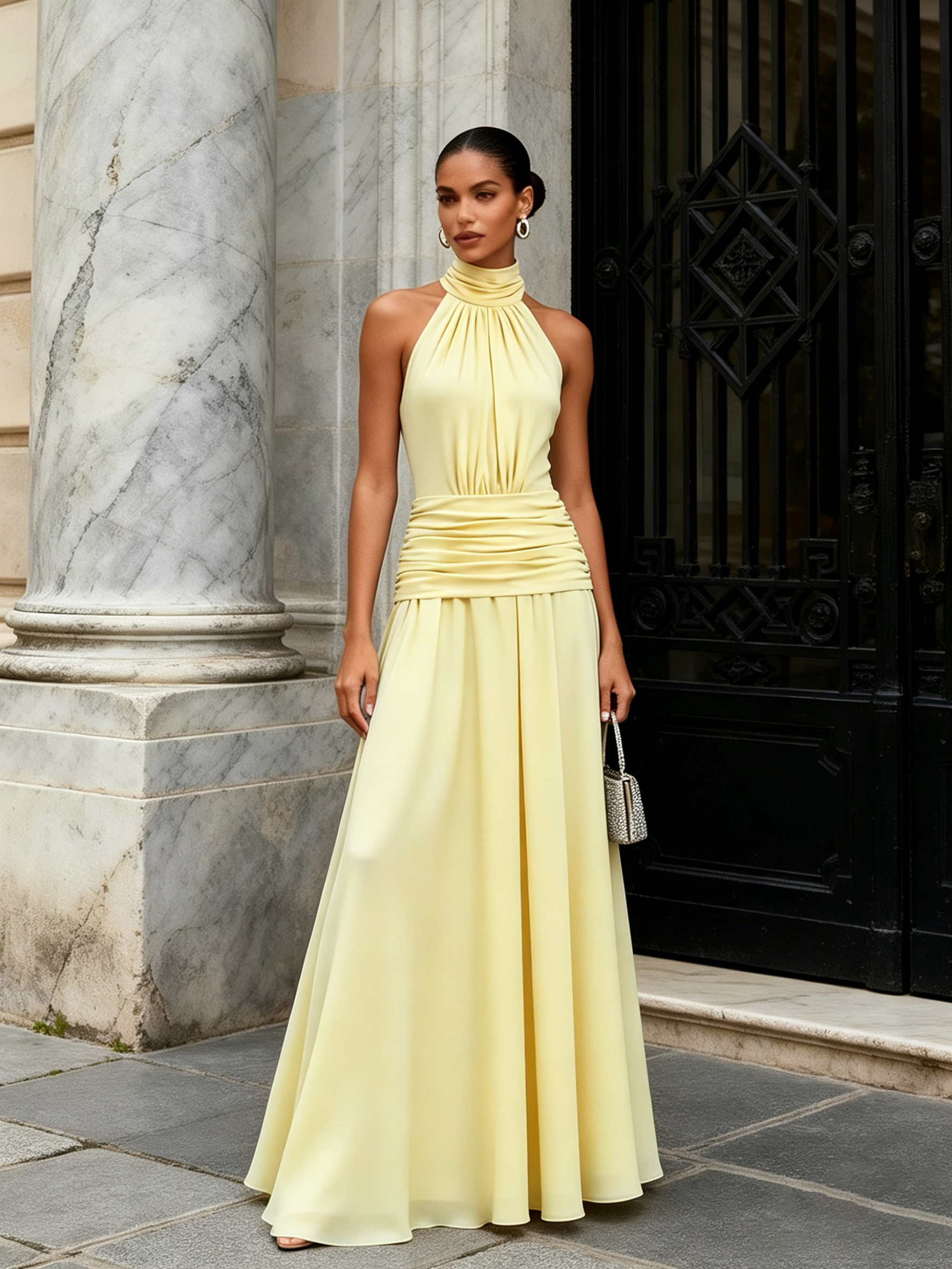 Yellow Ruched Chiffon Halter Neck Sleeveless A-Line Floor-length Gown Dress