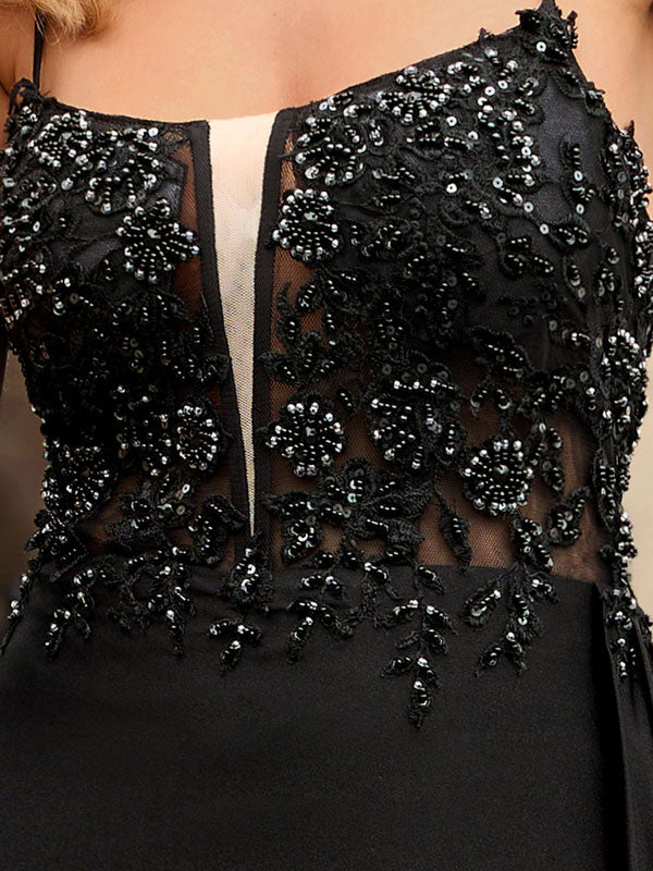 Black Mermaid Spaghetti Straps Long Appliqued Prom Dress With Slit