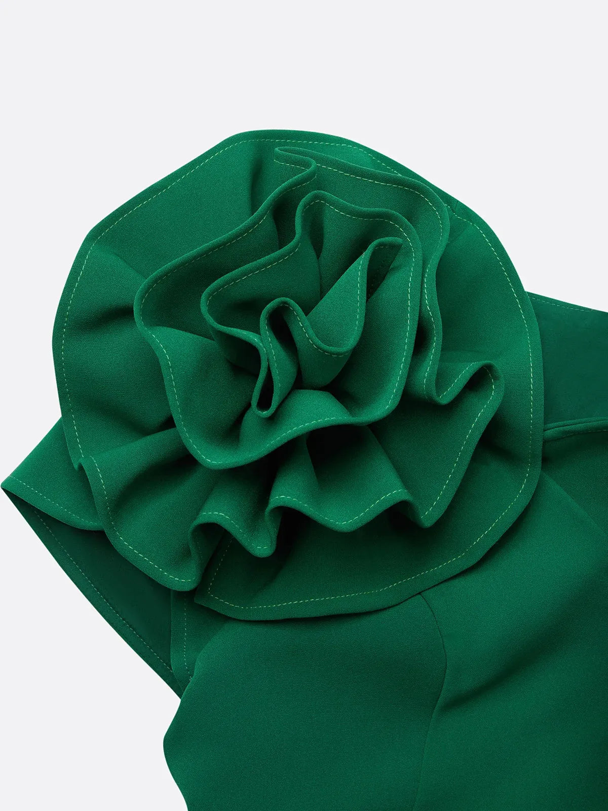 Green 3D Floral Ruched V Neck Sheath Midi Dress