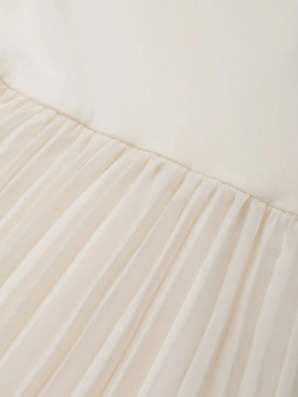 Beige Pleated Knit Crew Neck Sleeveless A-Line Midi Jersey Dress