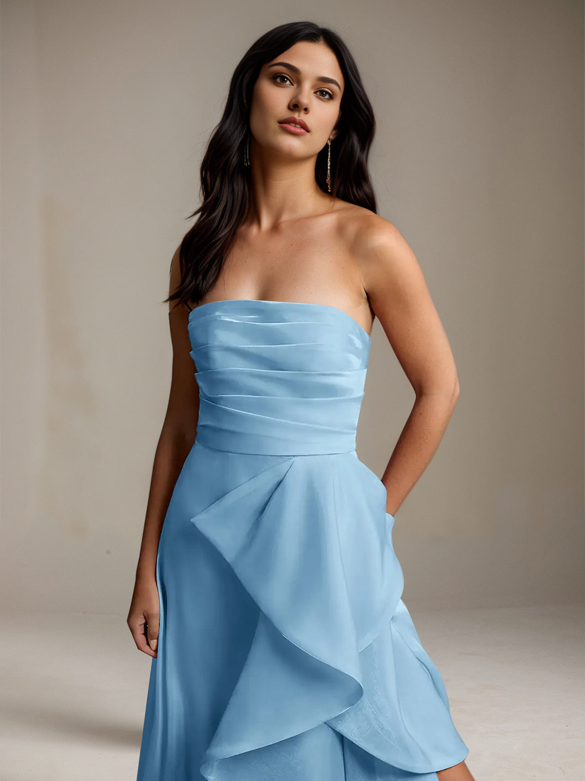 Mint Blue Satin A Line Off The Shoulder Sleeveless Floor Length Bridesmaid Dress With Ruffles