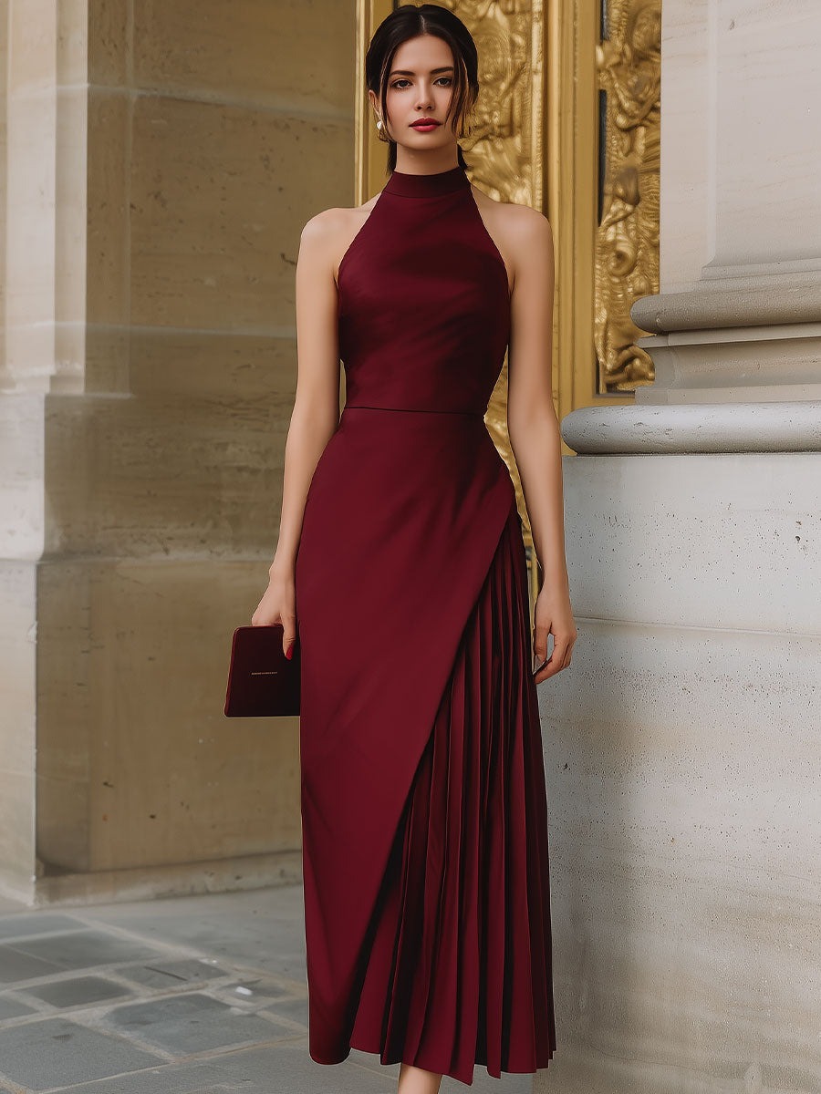 Burgundy Halter-Neck Asymmetric Pleated Midi Dress