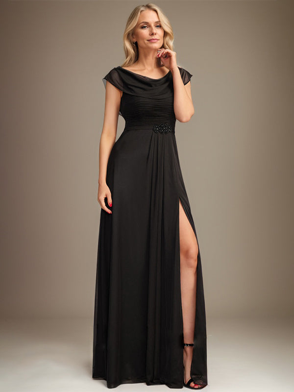 A-line Scoop Floor-Length Chiffon Mother of the Bride Dress With Pleated Beading