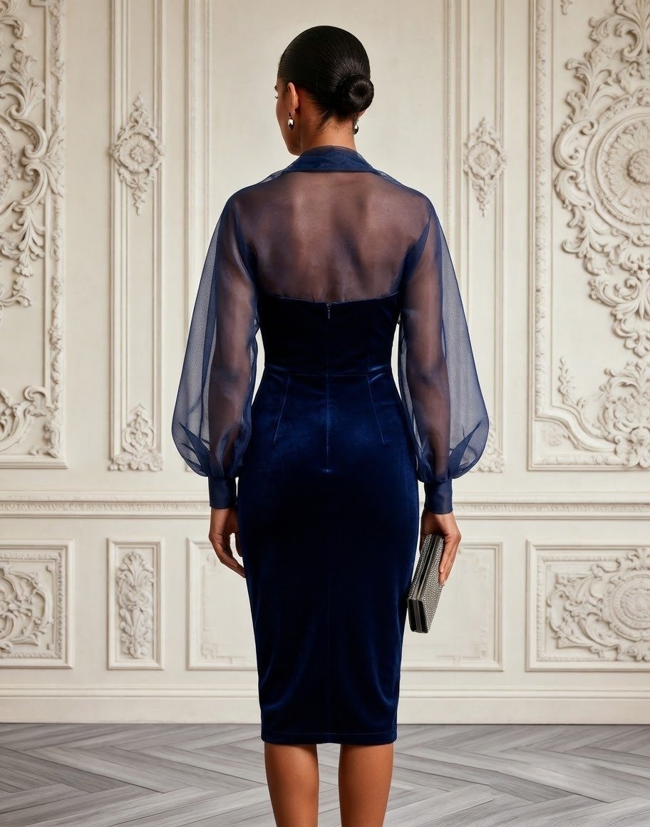 Navy Blue Buckle Mesh Velvet Long Sleeve Balloon Sleeve Sheath Midi Dress