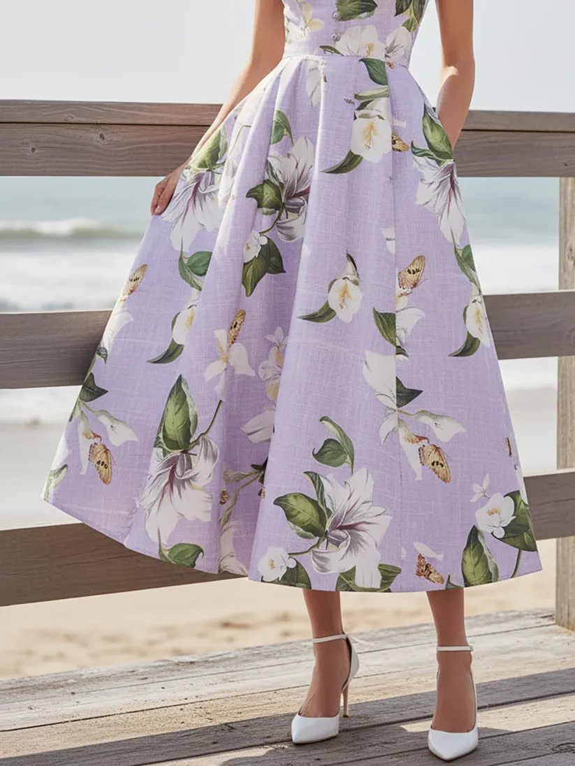 Midi Linen Dress, Sleeveless, Stand Collar, Floral, Button Design, Vintage, Purple