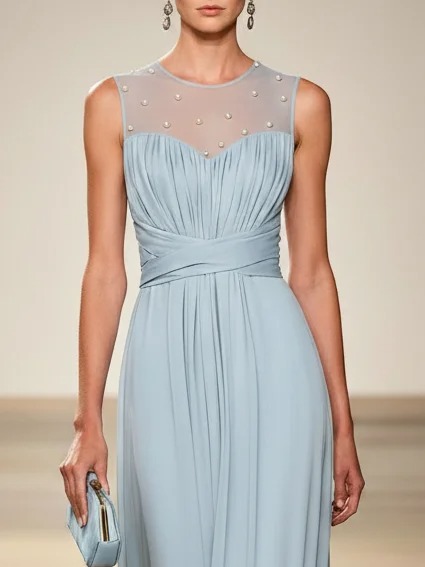 Light Blue Faux Pearl Ruched Chiffon Crew Neck Sleeveless A-Line Maxi Dress
