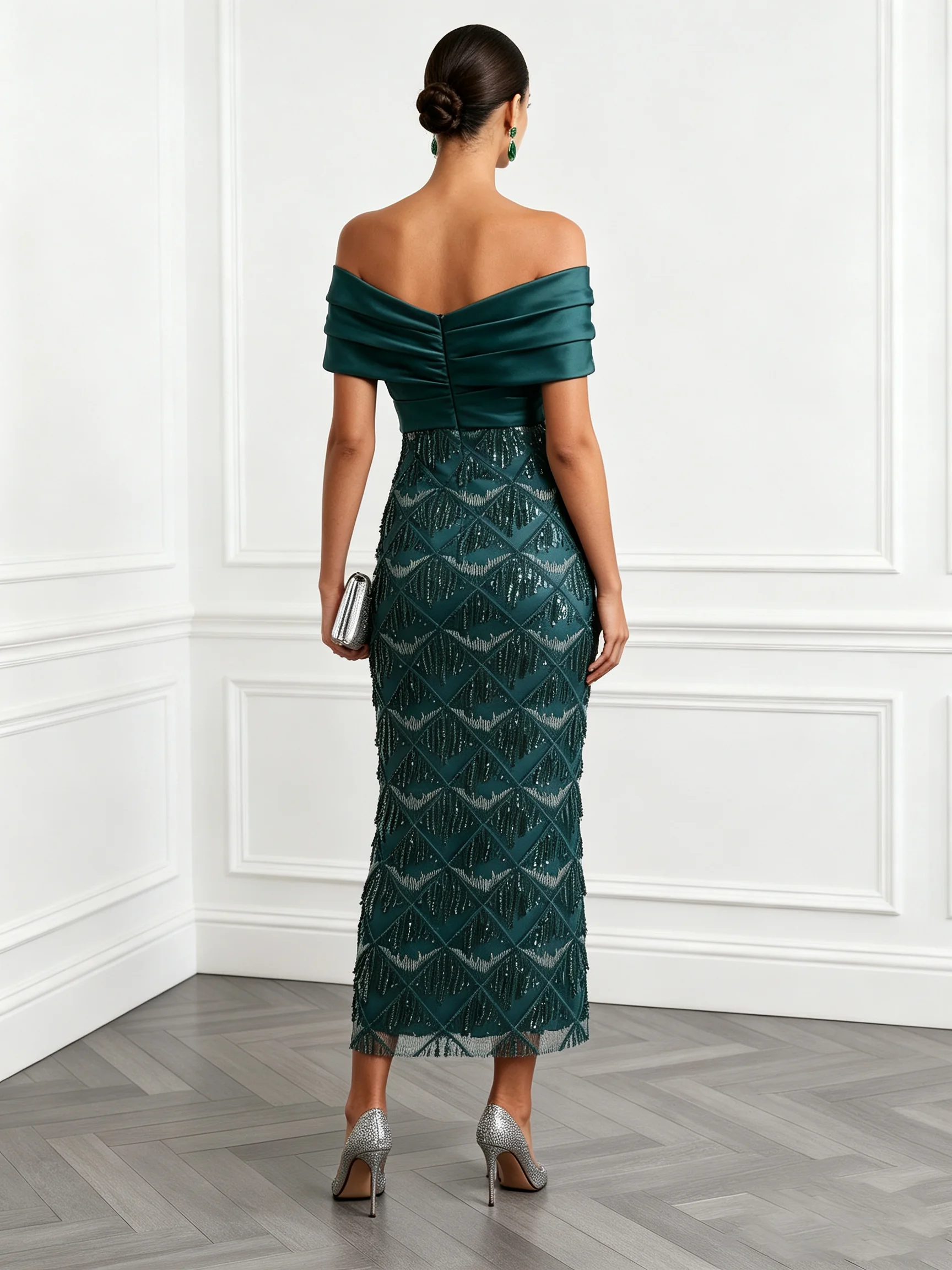 Cyan Tassel Cross Sequin Off The Shoulder Short Sleeve Sheath Midi Dress