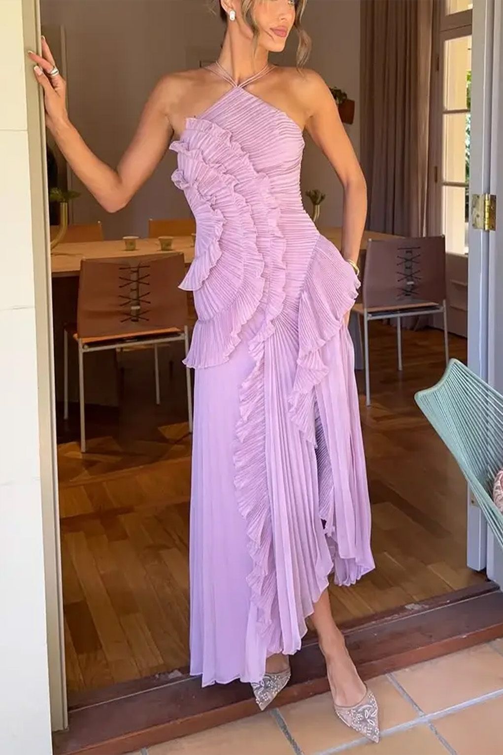 Pleated Suspender Long Dress With Slits