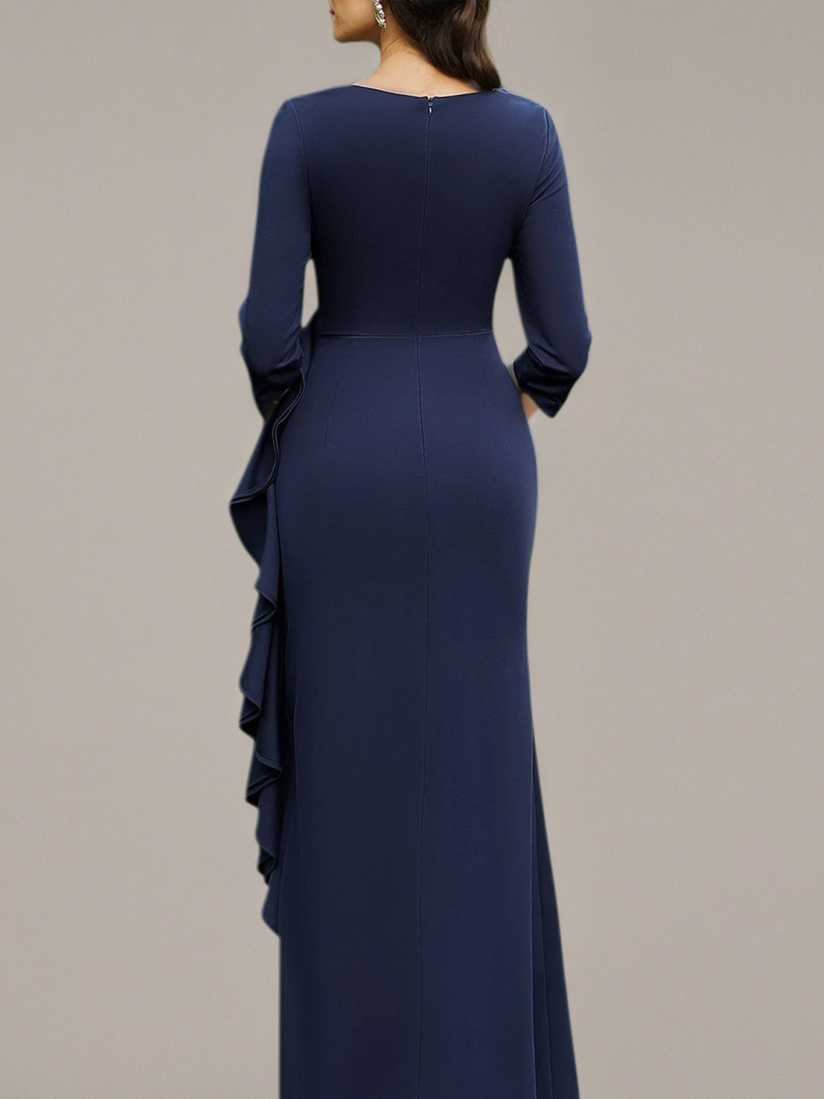 Navy Sheath/Column Stretch Crepe V Neck 3/4 Sleeves Asymmetrical Dresses